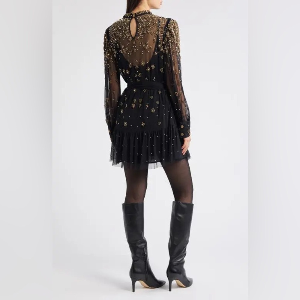 FARM RIO Black Embroidered Tulle Overlay Belted Long Sleeve Mini Dress,Small,398 - Picture 12 of 16